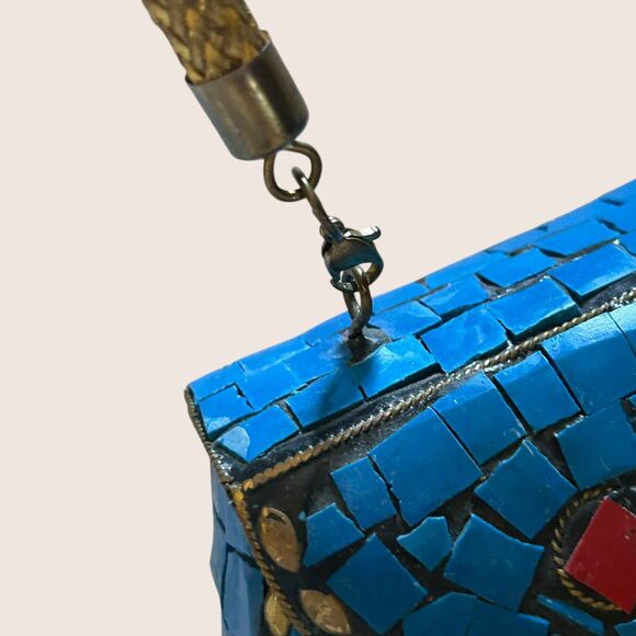 💙 VTG HIMALAYAN TIBETAN HANDMADE MOSAIC CLUTCH DETACHABLE SHOULDER CHAIN BLUE - Picture 6 of 11